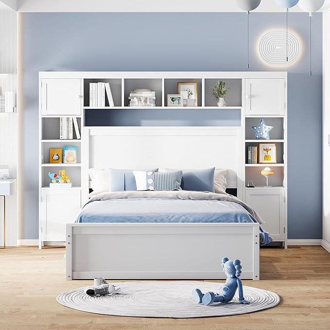 Merax Full Size Wooden Bed with All-in-One Cabinet, White Platform Bed Frame with 2 Drawers, Trundle and Sockets