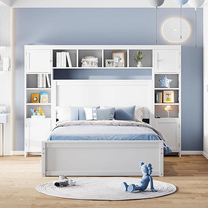 Merax Full Size Wooden Bed with All-in-One Cabinet, White Platform Bed Frame with 2 Drawers, Trundle and Sockets
