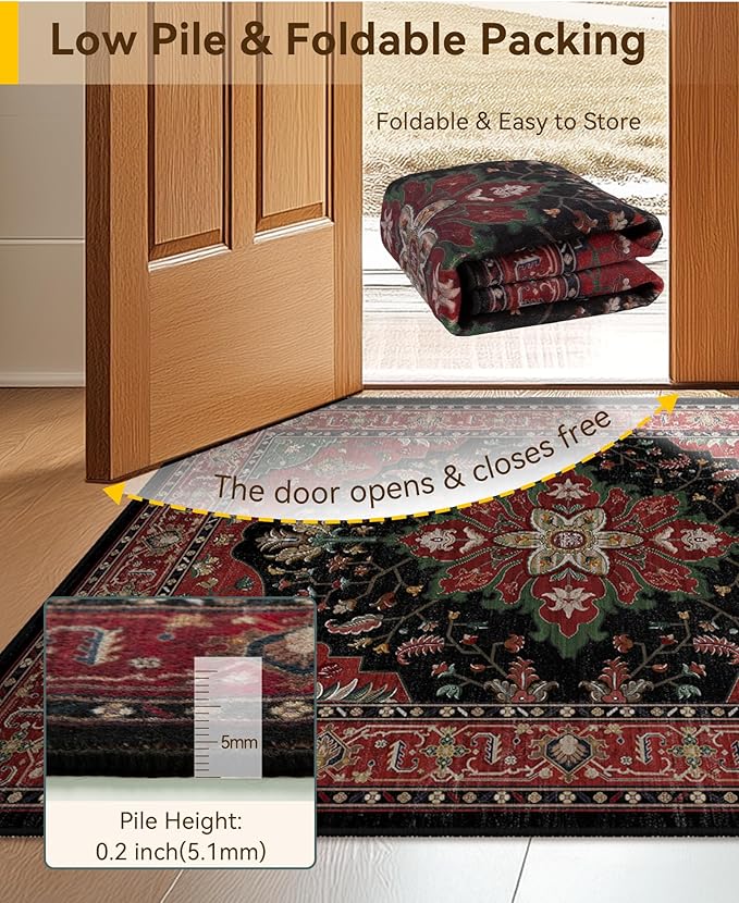 RELEANY Area Rugs Large 10'x14' Washable Non-Slip, Floral Vintage Distress Medallion Carpet for Living Room Bedroom Dining Room, Red Black
