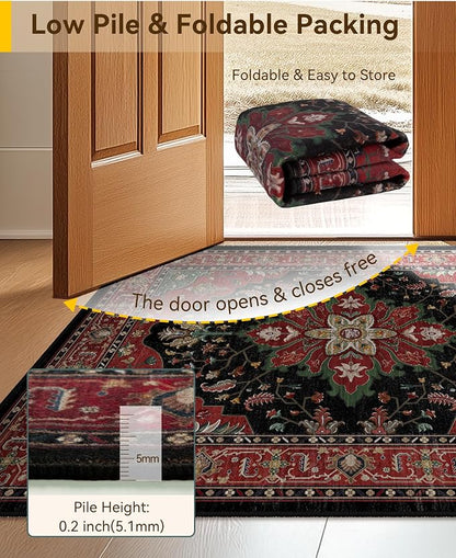 RELEANY Area Rugs Runner 2'6"x5' Washable Non-Slip, Floral Vintage Distress Medallion Carpet for Kitchen Hallway Bedroom Beside Laundry Room Bathroom, Red Black