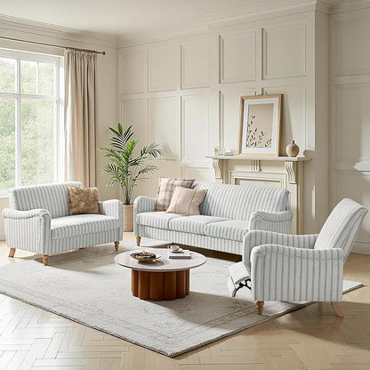 HULALA HOME Farmhouse Curved Couch with Stripe Pattern, 3 Seater Sofa with Solid Wood Spindle Legs and Rolled Wide Armrests, Comfy Upholstered Sofa for Living Room Bedroom, Blue