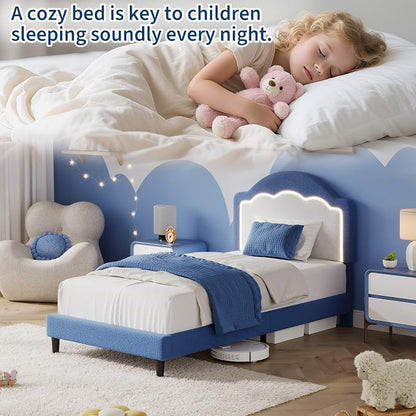 IDEALHOUSE Twin Bed Frame with LED Headboard, Boucle Fabric Upholstered Platform Bed with LED Light for Kids, Girls, Wooden Slats Support, No Box Spring Needed, Blue