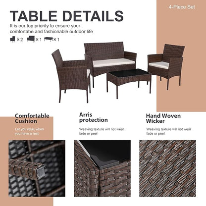 Shintenchi 4 Piece Outdoor Patio Furniture Set, Wicker Rattan Patio Conversation Set, Outdoor Chairs and Loveseat with Coffee Table for Porch, Yard & Poolside (Brown)