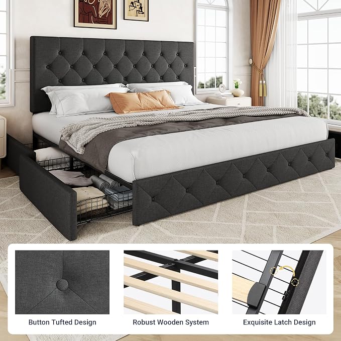 Allewie Upholstered King Size Platform Bed Frame with 4 Storage Drawers and Headboard, Diamond Stitched Button Tufted, Mattress Foundation with Wooden Slats Support, No Box Spring Needed, Dark Grey