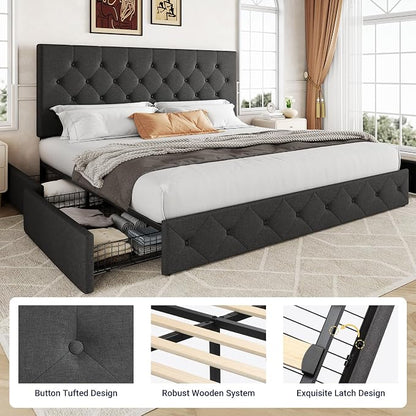 Allewie Upholstered King Size Platform Bed Frame with 4 Storage Drawers and Headboard, Diamond Stitched Button Tufted, Mattress Foundation with Wooden Slats Support, No Box Spring Needed, Dark Grey