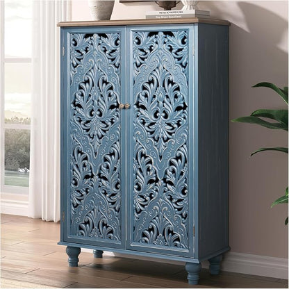 JOINICE 47" Tall Accent Cabinet with Carved Doors & Storage for Living Room | Vertical Storage for Dining Room,Bedroom, Carved Floral Design, Walnut Finish Top, Farmhouse/Rustic Style, Adjustable Shelves