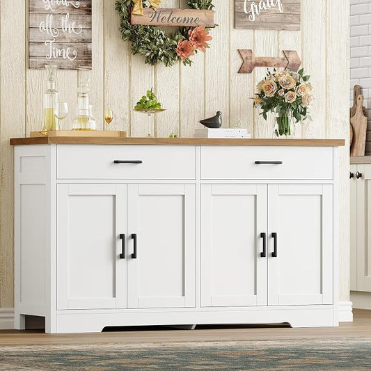 usikey Buffet Cabinet with Storage and 2 Drawers, Large Sideboard Buffet Cabinet with Adjustable Shelves and Doors, Modern Coffee Bar Cabinet, White