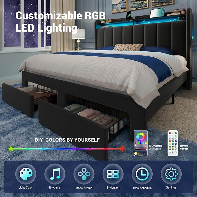Allewie Velvet Vertical Tufted Queen Upholstered Platform Bed Frame with 2-Tier LED Storage Headboard & 2 Storage Drawers, USB & Type-C Charging Ports, Noise-Free/No Box Spring Needed, Black