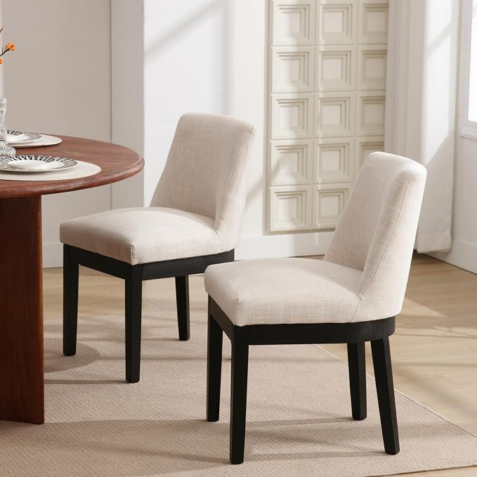 RIVOVA Upholstered Dining Chairs Set of 4, Modern Wooden Dining Room Chair Linen Fabric Kitchen Chairs Farmhouse Dinner Chair with Black Hardwood Frame, Beige