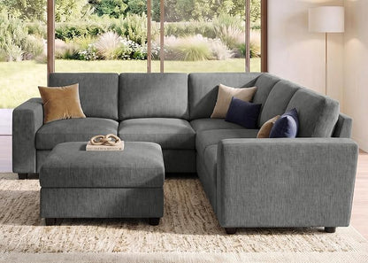 HONBAY Sectional Sofa, 6 Seats 80 Inch L Shaped Couch with Ottoman Pet-Friendly for Small Apartment Living Room, Light Grey