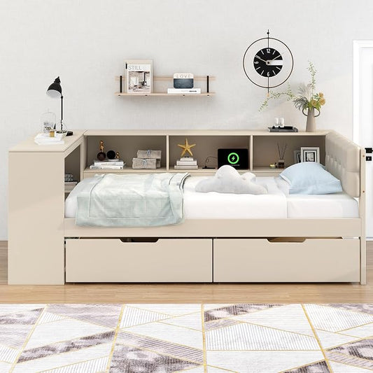 Ball & Cast Twin Size Wood L-shaped Daybed with Storage Shelves and Built-in Desk,Platform Bed w/Under-Bed Drawers & Charging Station,Upholstered Headboard,No Box Spring Needed,for Student Dorms,Cream