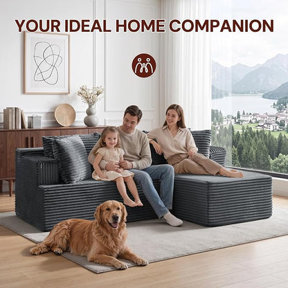 Korser Boneless Couches for Living Room, Cloud Couch Sectional with Ottoman, L-Shaped Sofa with Fluffy Comfy Corduroy Deep Seat, Bedroom, Apartment, No Assembly Required
