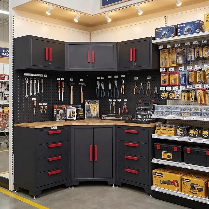 Corner Workshop Set,10-Pcs Garage Cabinets and Storage System with Corner Cabinet, Cabinet Drawers, Workbench, Pegboard for Tool Organization, Red and Black