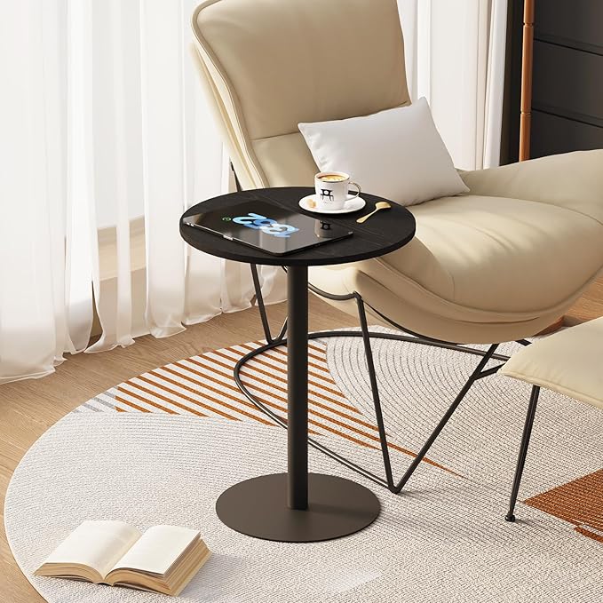 C Shaped Side Table, Round End Table, Tv Trays Table for Couch, Small Snack Table with Metal Leg for Living Room, Bedroom, Bedside, Sofa and Office (Black)
