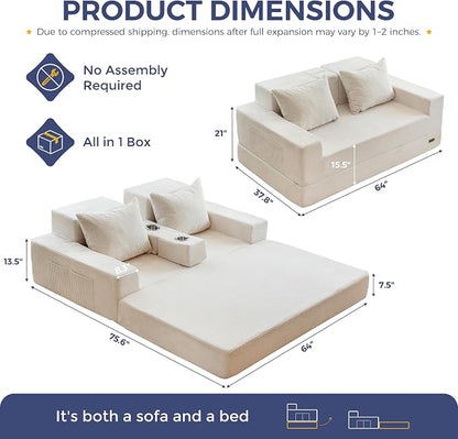 MAXYOYO Loveseat Sofa Bed, 64" Foldable Floor Sofa Couch in A Box with 2 Cup Holders, 4 in 1 Convertible Boneless Couch Folding Recliner Chair for Living Room, No Assembly Required, Beige