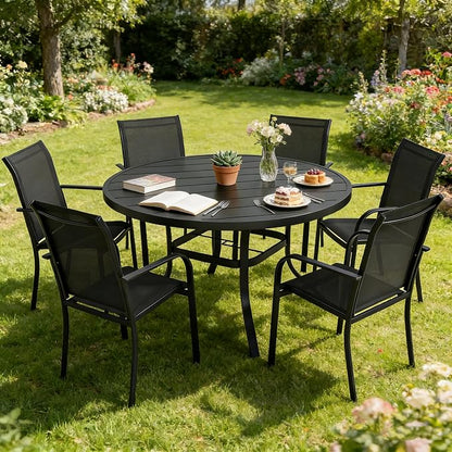 SUNCROWN 7 - Piece Outdoor Dining Set, Patio Furniture Set with 6 x Textilene Dinning Chairs and 53" Metal Round Table with Umbrella Hole for Lawn Garden Backyard Deck, Black