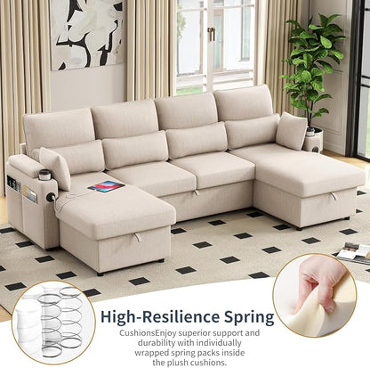 81" L-Shaped Sectional Sofa with Storage, Reversible Sleeper Sofa Couch with Chaise, Soft Fabric Upholstered Modular Couch with Cup Holder & Side Pockets, 1000lbs Capacity for Living Room