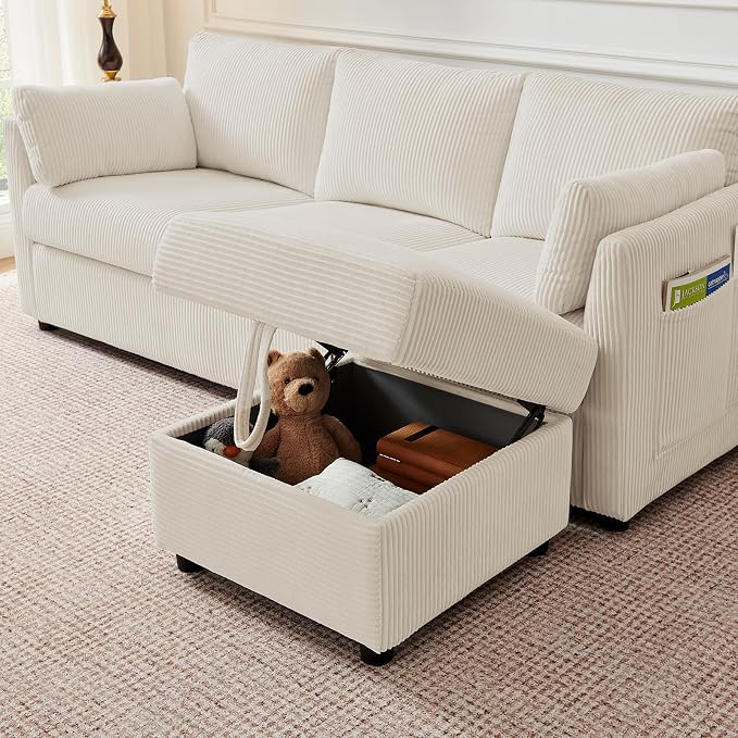 Corduroy Storage Ottoman for Living Room Sofas Couches, Square Ottoman with Storage Space Foot Rest Stool for Apartment, Dorm, Entryway, Cream White
