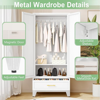 Ckzbx 71" H Metal Armoire Wardrobe Closet with Mirror, Adjustable Shelve, Clothes Metal Wardrobe Cabinet for Bedroom (1 Drawer, White)