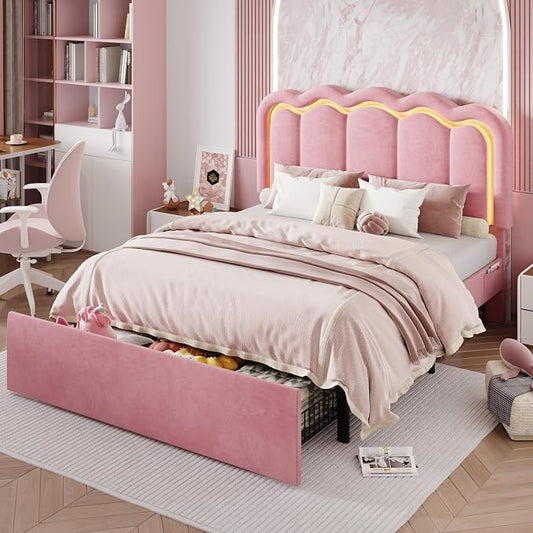 SHA CERLIN Upholstered Full Size Bed Frame with LED Lights and Large Storage Drawer, Velvet Platform Bed with Adjustable Wavy Headboard, Noise Free, Easy Assembly, No Box Spring Needed, Soft Pink