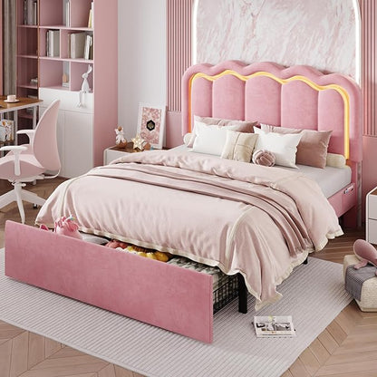 SHA CERLIN Upholstered Full Size Bed Frame with LED Lights and Large Storage Drawer, Velvet Platform Bed with Adjustable Wavy Headboard, Noise Free, Easy Assembly, No Box Spring Needed, Soft Pink