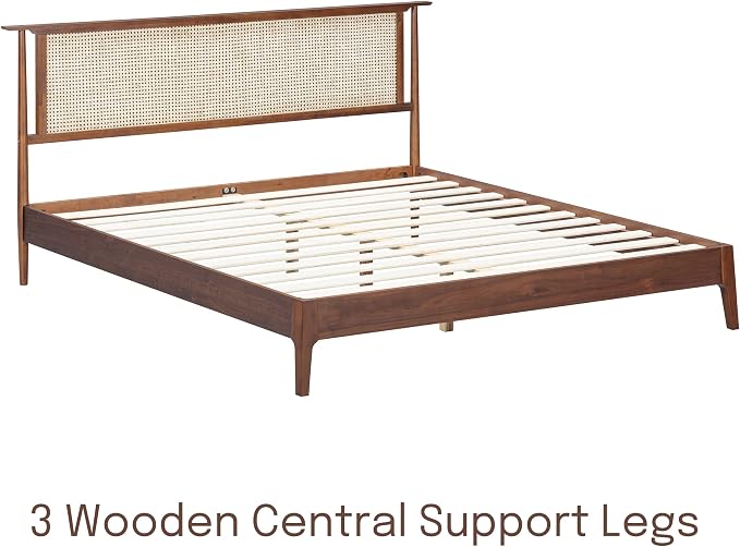 NTC Ruby Wooden Bed Frame with Headboard and Natural Rattan, Solid Oak/Rubber Wood Foundation with Silent Slats, 1000 Lb Capacity, Effortless Assembly (Natural Cane - Dark Walnut, Queen)
