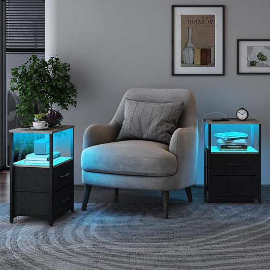 TUTOTAK LED End Table with Charging Station, Nightstand with Cloth Drawer, Side Table with 1 USB Port and 1 Type-C Port, Set of 2, Couch Table, Greige TB01BG052L
