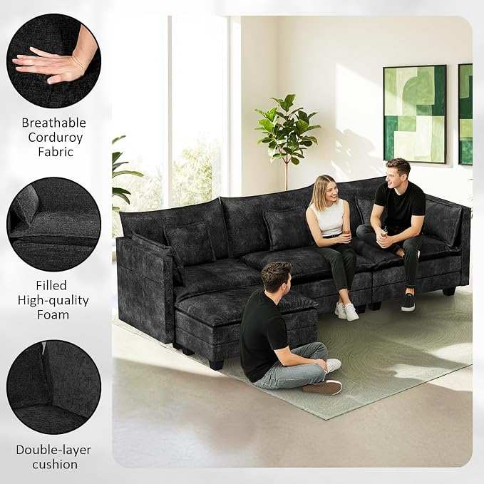 LEVELEVE 112.5" L-Shape Modular Sofa with 1 Ottomans, Deep Seat Cloud Convertible Sleeper, 3 Throw 2 Arm Pillows, Comfortable Upholstered Furniture for Living Room Apartment, Black