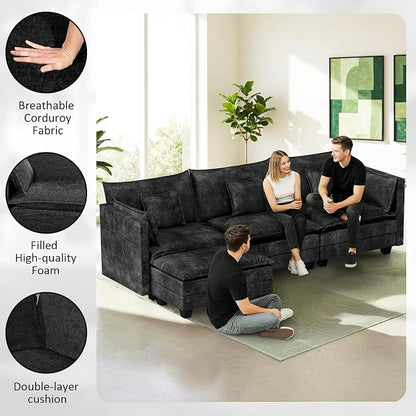 LEVELEVE 112.5" L-Shape Modular Sofa with 1 Ottomans, Deep Seat Cloud Convertible Sleeper, 3 Throw 2 Arm Pillows, Comfortable Upholstered Furniture for Living Room Apartment, Black