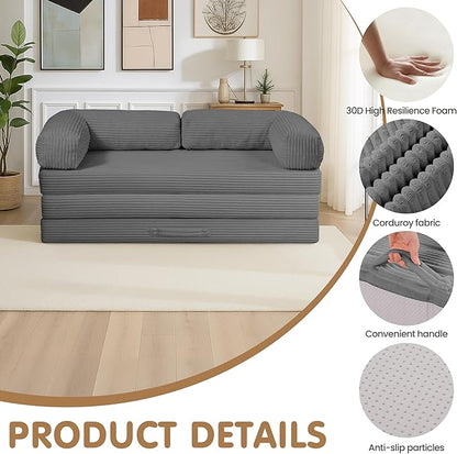 Convertible Sofa Bed Full,5-in-1 Folding Boneless Couch Corduroy Futon Sofa Bed,Tri-Fold Mattress with Removable Armrests & Handle,Sleeper with Pull Out Bed for Small Space Bedroom Grey
