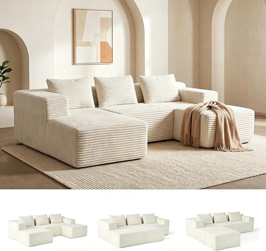Modular Sectional U-Shaped Sofa with Deep Seat, Modern Boneless Comfy Corduroy Fluffy Couch with Side Pockets and Anti-Slip & Floor-Friendly Bottom for Living Room, No Assembly, White
