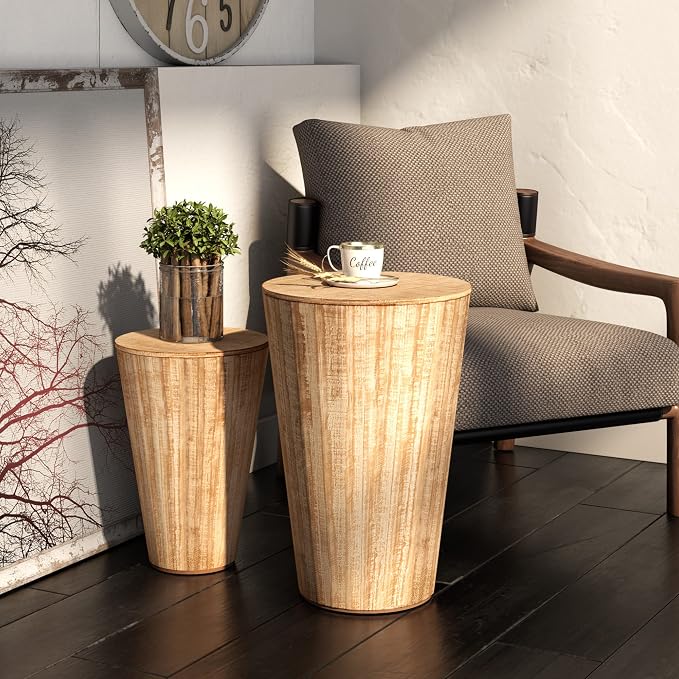 Aoikax Farmhouse Nesting Barrel Side Table, Fully Assembled, Natural | Rustic Space Saving Storage End Table Set, Natural Wood Finish