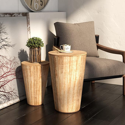 Aoikax Farmhouse Nesting Barrel Side Table, Fully Assembled, Natural | Rustic Space Saving Storage End Table Set, Natural Wood Finish