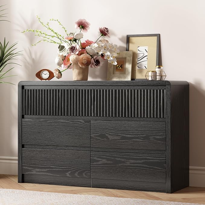 LYNSOM 7 Drawer Dresser for Bedroom, 50" Wide Fluted Dresser with Curved Corners, Wood Dressers & Chests of Drawers with Dual-Panel Design for Bedroom, Entryway, Black