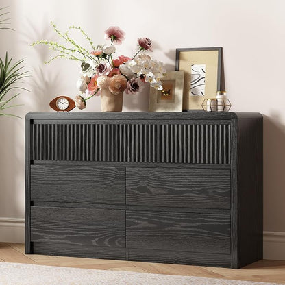 LYNSOM 7 Drawer Dresser for Bedroom, 50" Wide Fluted Dresser with Curved Corners, Wood Dressers & Chests of Drawers with Dual-Panel Design for Bedroom, Entryway, Black