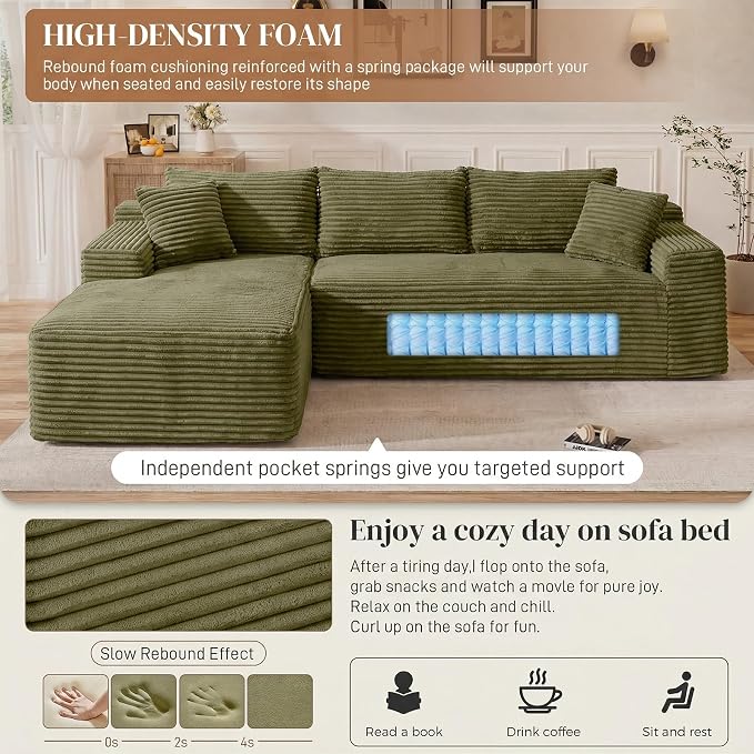 95" L Shaped Cloud Boneless Sectional Couches for Living Room, Modern Comfy Modular Deep Seat Memory Foam Compressed Corduroy Sofa Oversized Left Facing Chaise, No Assembly Required, Green