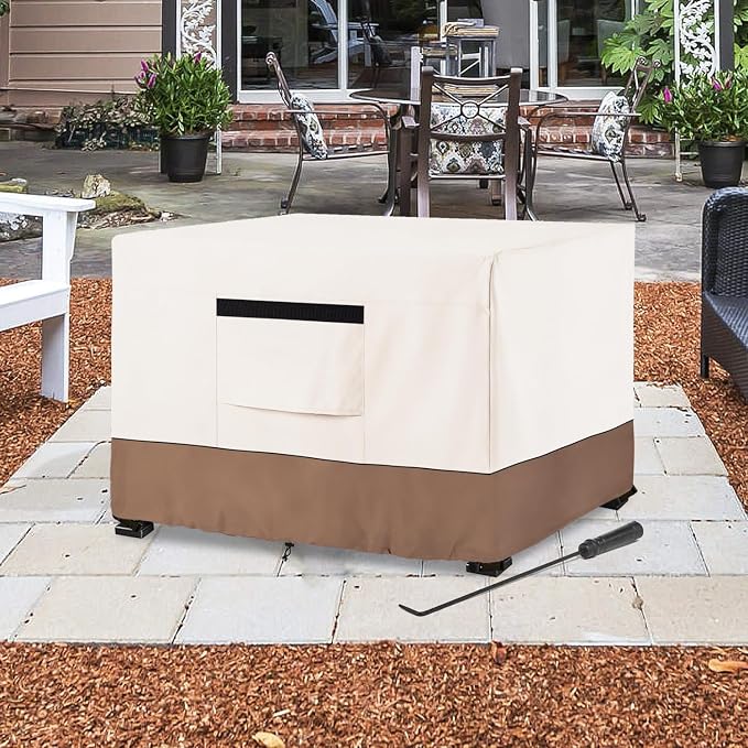 Fire Pit Cover,Outdoor Heavy Duty 600D 100% Waterproof Fire Pit Cover Square,Weatherproof Firepit Covers Square 30" W x 30" D x 25" H,Beige & Brown