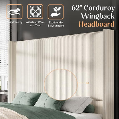 AMERLIFE Queen Size 62" Corduroy Upholstered Bed Frame, Luxurious Platform Bed with Extra Tall Wingback Headboard and Vertical Stripe, No Box Spring Needed/Solid Wood Slats & Legs/Cream