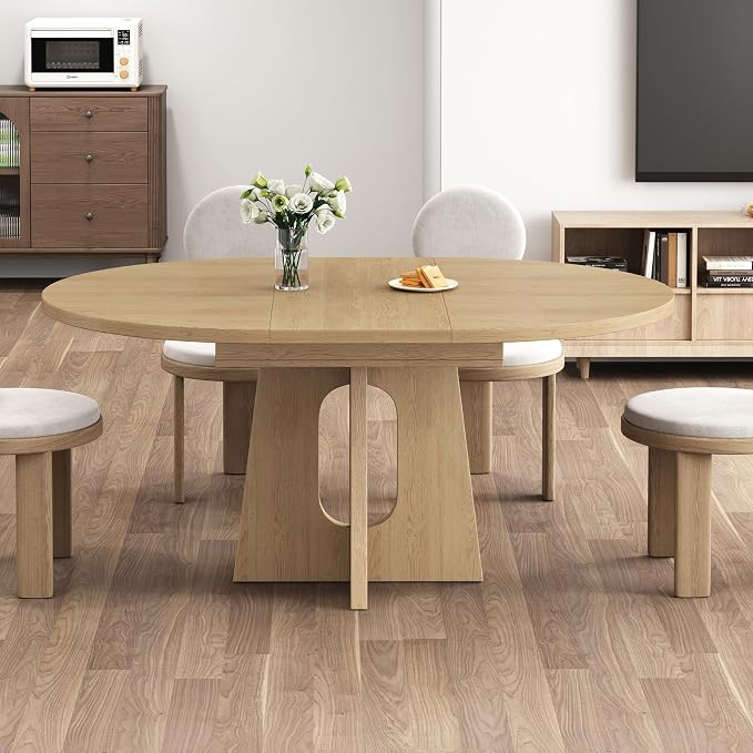 Epecoya 59-Inch Extendable Round Dining Table for Dining Room, 4-6 People Farmhouse Oval Wood Expandable Kitchen Dinner Table with Heavy Cross Pedestal for Living Room, Apartment, Light Oak