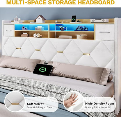 DWVO Queen Size Bed Frame with 2 Storage Drawers and Storage Headboard, Upholstered Platform with Charging Station and LED Light, No Box Spring Needed, Noise Free, Easy Assembly, Velvet White