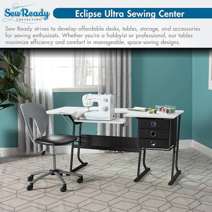 Sew Ready Eclipse Hobby Sewing Table, 60.25 x 23.75" Overall Platform Size with Large Lower Storage Drawer, 2 Side Shelves & Cloth Drawer, Black/White