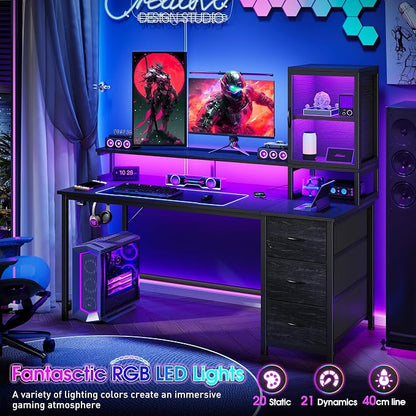 DurayLoly 55" Black Computer Desk with 2 Acrylic Cabinet & 3 Fabric Drawers | Integrates Ample Storage & Display, Great Fit for Small Spaces, Outlets Suitable for Studying, Working & Gaming Equipments