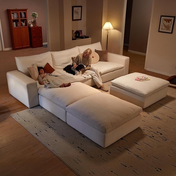 Cloud Couch Sectional 113.8'' Oversized Modular Deep Seat Sofa Bed Comfy White Cloud Couch with Washable Cover for Living Room 3 Seat & 3 Ottoman