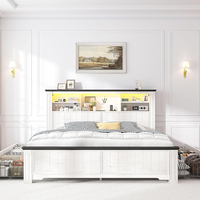 EnHomee Full Size Bed Frame with Storage Headboard and 4 Drawers,Charging Port & LED,No Box Spring Needed for Apartment,Noise,-Free,White with Grain Marks