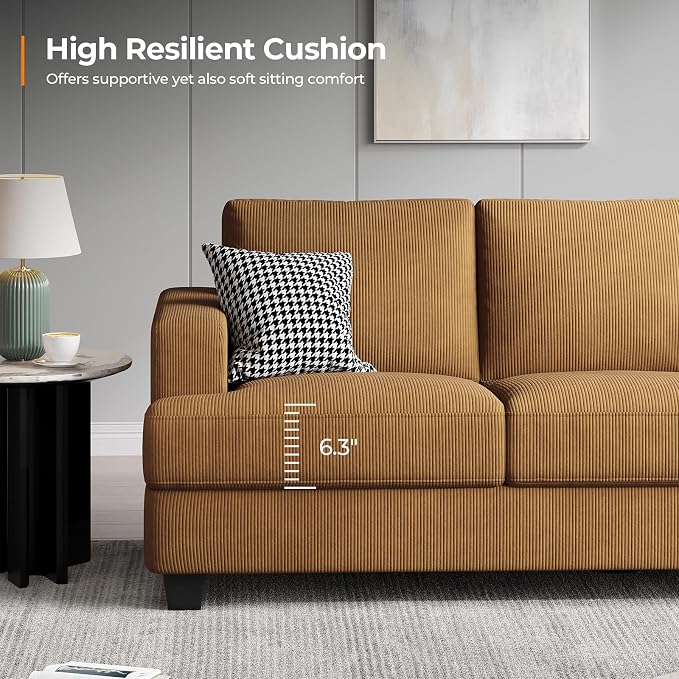 COPIAE 89 Inch Sofa with Extra Deep Seats Oversize, 3 Seater Sofa for Living Room, Modern Couch and Sofa, Comfy Armrests and Seats and Backrests, Easy Installation, Corduroy Fabric Ginger Yellow