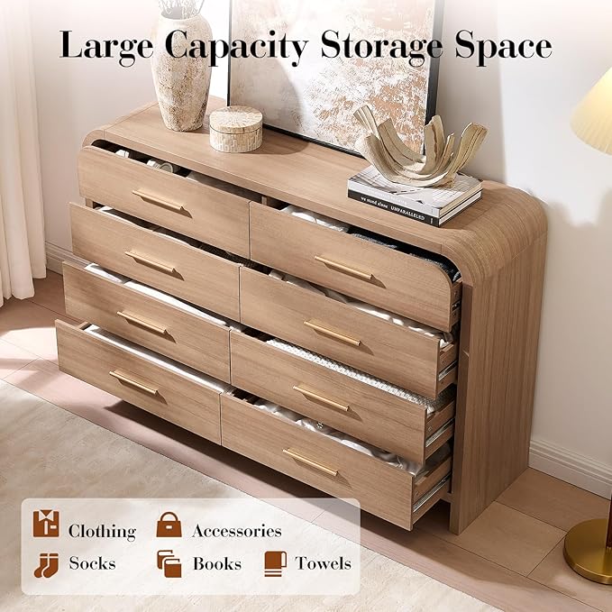 Curved 8 Drawer Dresser for Bedroom, 53.82'' Wide Chest of Drawers, Modern Storage Cabinet for Hallway & Living Room TV Stand, FSC Certified 1.18" Thick Board, 100 lbs Top Weight, Oak