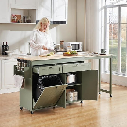 ONBRILL Kitchen Islands with Extendable Dining Table, 81.7" Mobile Kitchen Storage Islands, Rolling Kitchen Cart with Trash Cabinet, Power Outlet, Spice Rack & Towel Rack, Green