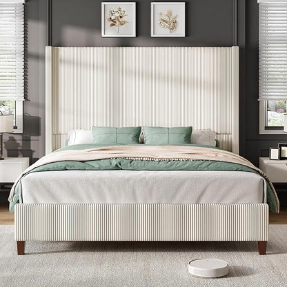 AMERLIFE Queen Size 62" Corduroy Upholstered Bed Frame, Luxurious Platform Bed with Extra Tall Wingback Headboard and Vertical Stripe, No Box Spring Needed/Solid Wood Slats & Legs/Cream