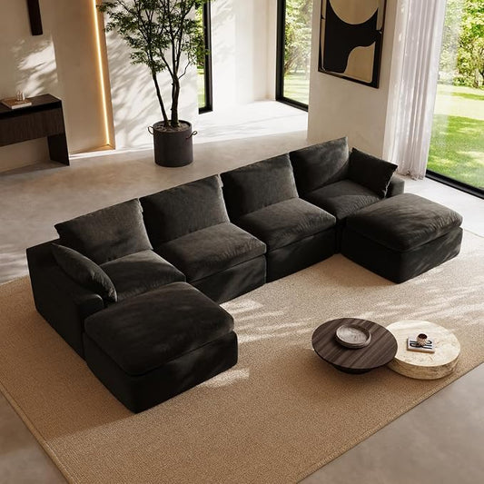 Novilla 133.8" Modular Cloud Couch, Modern Sectional Sofa with Smarts Coil® Support, Chenille Fabric, Upholstered Couch for Living Room Apartments Bedroom, No Assembly, 4 Seater + 2 Ottoman, Dark Grey