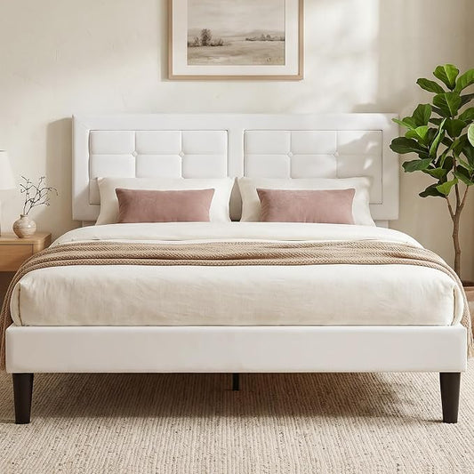 VECELO Full Size Bed Frame, Adjustable Upholstered Button Tufted Headboard, Heavy-Duty Bedframe with Wood Slats Support, No Box Spring Needed, Linen & White